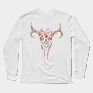 Image: Watercolor, Flowers, Antler, Skull Long Sleeve T-Shirt